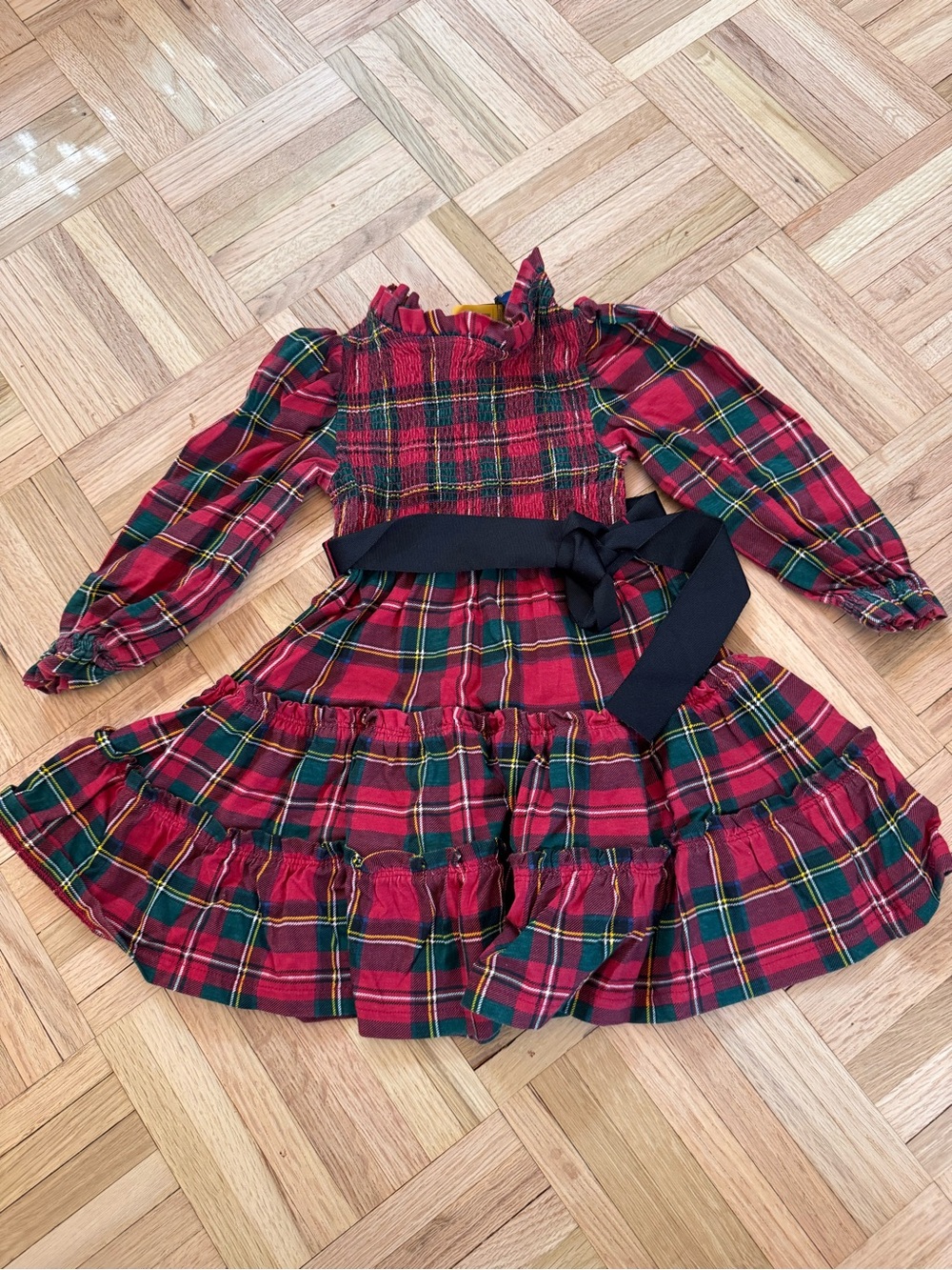 Ralph Lauren Girls' Red Plaid Holiday Dress with Black Sash